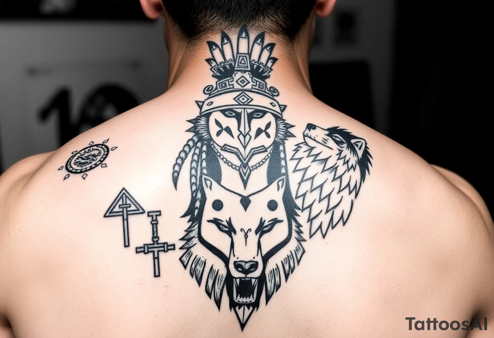 Purepecha warrior surrounded by purepecha symbols next to a wolf tattoo idea