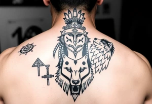 Purepecha warrior surrounded by purepecha symbols next to a wolf tattoo idea
