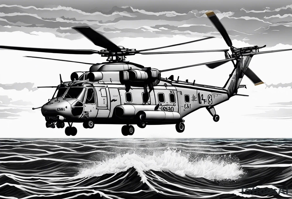 canadian military grey helicopter cyclone CH-148, a helicopter flying over rough water, Clear sky, sunset
, military art, ocean specular, highly detailed background, tattoo idea