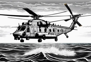 canadian military grey helicopter cyclone CH-148, a helicopter flying over rough water, Clear sky, sunset
, military art, ocean specular, highly detailed background, tattoo idea