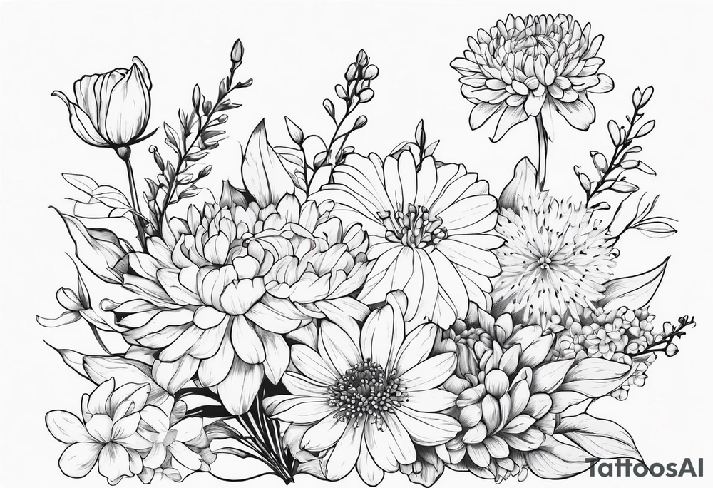 Asters, roses, lily of the valley, and chrysanthemums in a long line tattoo idea