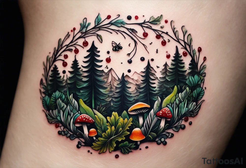 minimalistic forest floor inspired tattoo, which includes grass, moss, curly ferns and dead leaves as the bulk of the tattoo. details to include: forest berries, couple of very small brown mushrooms, a tiny bumblebee flying nearby tattoo idea