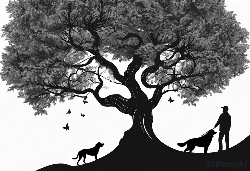 A tree bending to the rigt with a black silouhette of a lab under the bend. The dog is drawn to scale with the tree tattoo idea