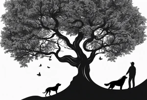 A tree bending to the rigt with a black silouhette of a lab under the bend. The dog is drawn to scale with the tree tattoo idea