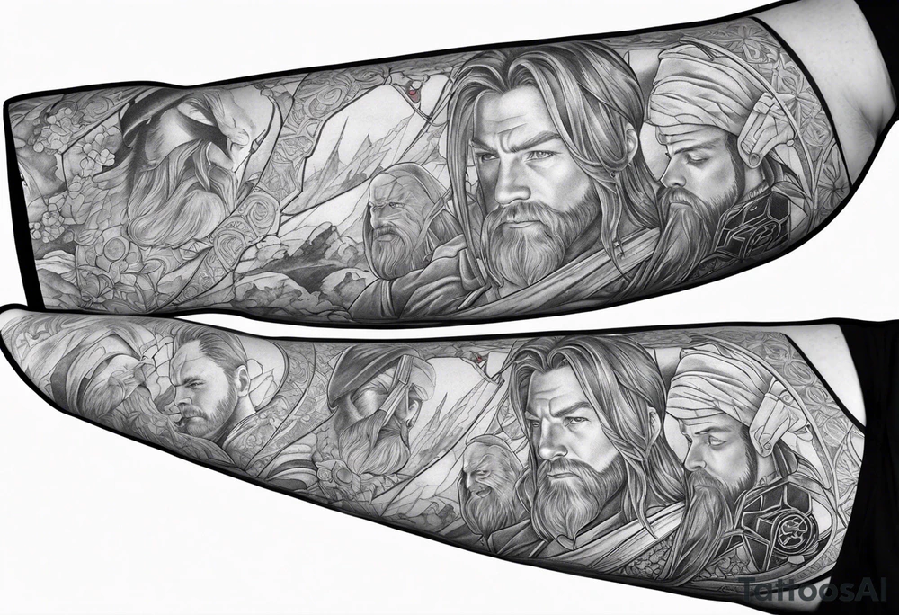 Full arm sleeve tattoo extending from shoulder to wrist featuring young Obi Wan Kenobi battling Ben Affleck's Batman at Helms Deep from Lord of the Rings tattoo idea