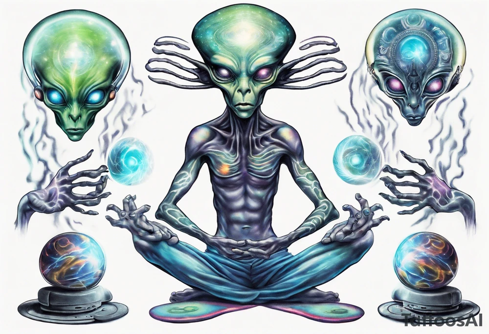 A realistic depiction of a meditating alien DJ  and energy flowing from their pineal gland tattoo idea