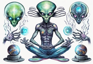 A realistic depiction of a meditating alien DJ  and energy flowing from their pineal gland tattoo idea