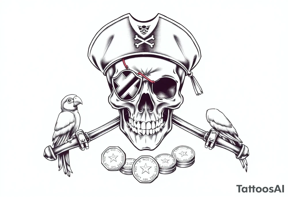 skull with eye-patch,pirate-hat,sabers,parrot,coins. tattoo idea