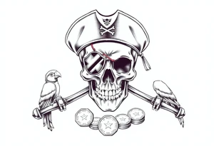 skull with eye-patch,pirate-hat,sabers,parrot,coins. tattoo idea
