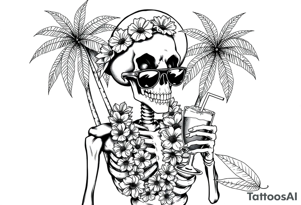 a skeleton in hawaii-outfit, palms, a cocktail,sun,sun-glasses. tattoo idea