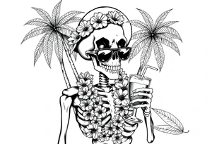 a skeleton in hawaii-outfit, palms, a cocktail,sun,sun-glasses. tattoo idea
