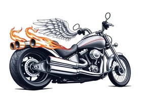 Low rider grey motorcycle, big muffler pipes with flames, angel wings, driving away, no person tattoo idea