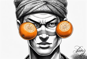 A whole orange fruit realistic ink drawing but the orange is wearing a zoro mask tattoo idea