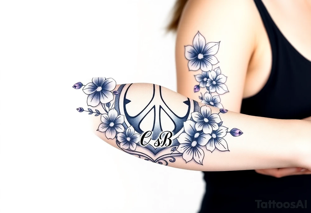 peace symbol, dog prints, Pisces symbol, intertwined with violets, amethyst, initials csb in cursive font all intertwined together tattoo idea