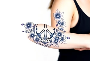 peace symbol, dog prints, Pisces symbol, intertwined with violets, amethyst, initials csb in cursive font all intertwined together tattoo idea