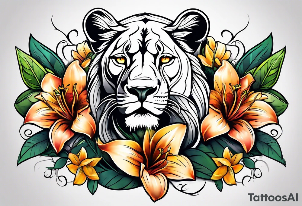 Tribal Lioness with lilies and color all over tattoo idea