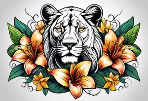 Tribal Lioness with lilies and color all over tattoo idea