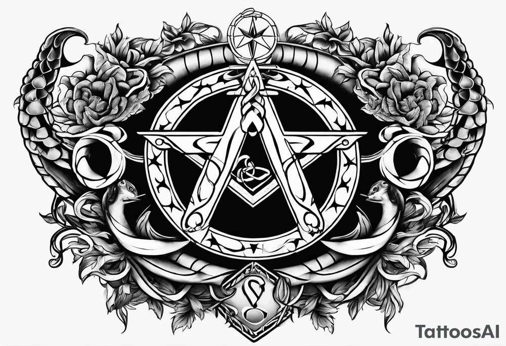 staff of caduceus snakes square and compass masonic tattoo idea