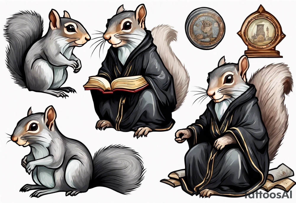 an elderly grey squirrel with a long beard wearing a black robe sitting in an ancient library tattoo idea