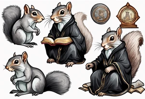 an elderly grey squirrel with a long beard wearing a black robe sitting in an ancient library tattoo idea