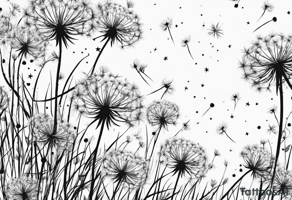 Dandelions blowing in the breeze as constellations cancer, Virgo, Sagittarius, Aries and Pisces tattoo idea