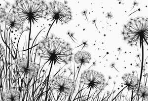 Dandelions blowing in the breeze as constellations cancer, Virgo, Sagittarius, Aries and Pisces tattoo idea