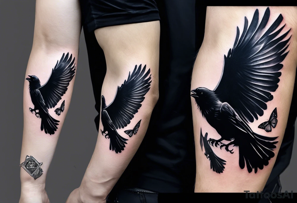 Black and white tattoo. The main image is a raven and a butterfly flying together towards the sky. The raven is shrouded in light and the butterfly in darkness. In the background you can see a 46 (from Valentino Rossi). You can also see a small scorpion and an 89, as well as a large lettering that reads "SKF". tattoo idea