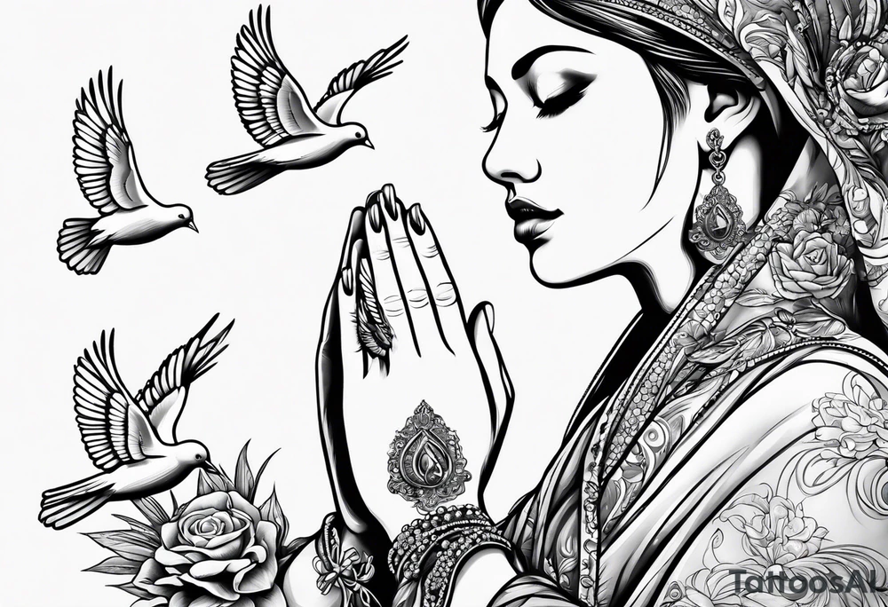 Woman praying hands with doves tattoo idea