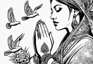 Woman praying hands with doves tattoo idea