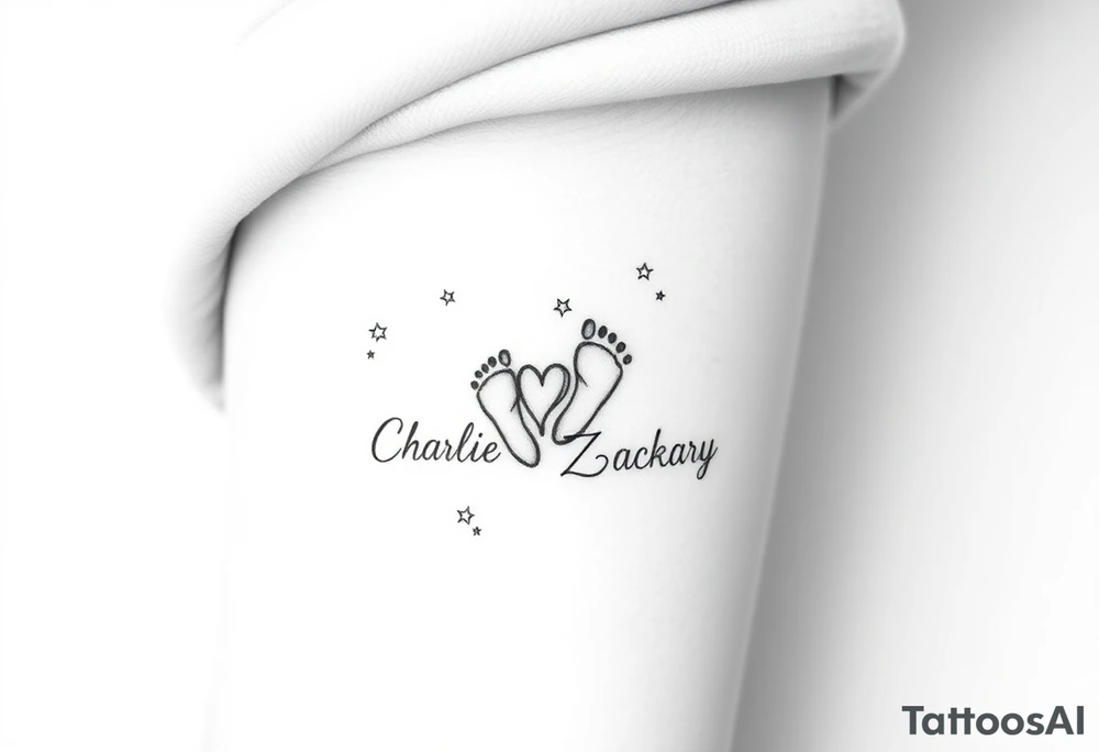 Create a small, elegant tattoo design that celebrates the spirit of childhood. The design should evoke innocence and joy, incorporating delicate elements like tiny handprints or footprints, subtle stars, or a playful heart. Consider integrating minimal floral accents or soft, flowing lines that suggest the nurturing bond of family. Optionally, you can include the names "Charlie" and "Zackary" in gentle, cursive script within the design to personalize it further. tattoo idea