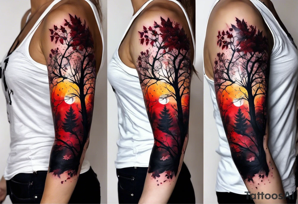trash polka style. Arm tattoo. Long tattoo. Full sleeve. Shoulder. A single large maple tree with red autumn leaves that branches upwards from wrist to shoulder. White-throated dipper bird on the trees branches. Calluna flowers at the base of the trees stem. Tree stem has dark colors. Red/yellow sunset behind the trees stem. Leaves falling. tattoo idea