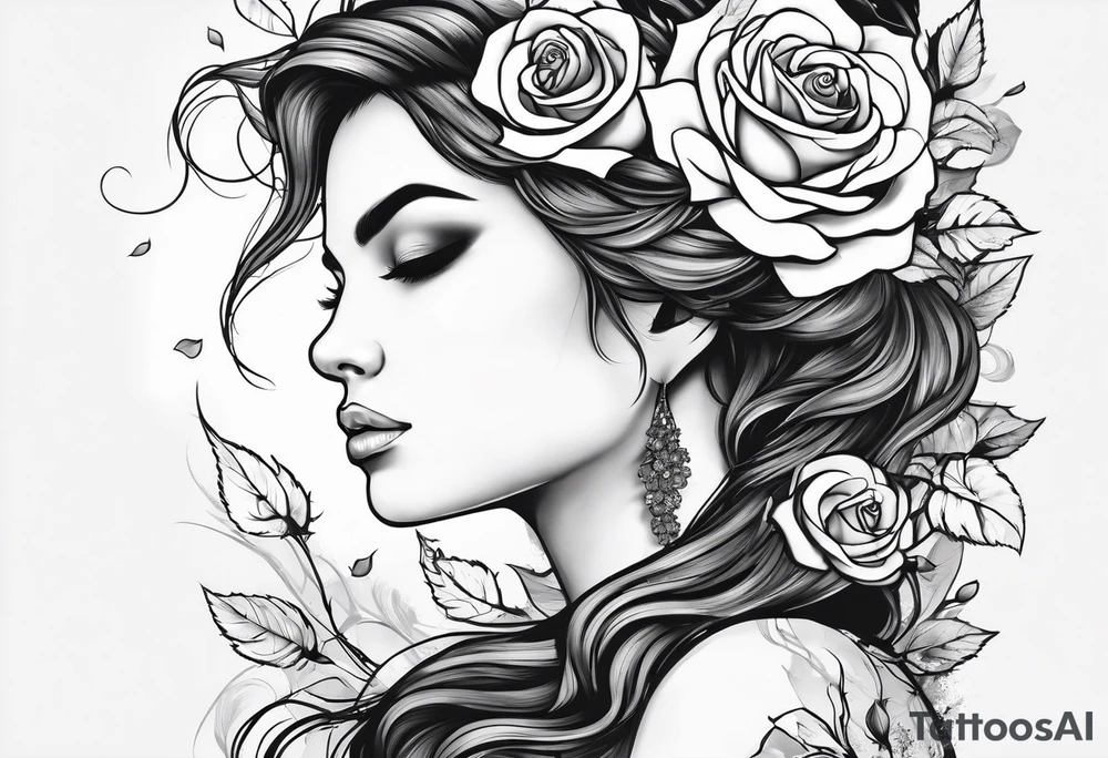 Mother Nature side profile. She has her hands in front of her with roses falling out of them. She had roses branches and leaves intertwining in her hair. Black and white tattoo idea
