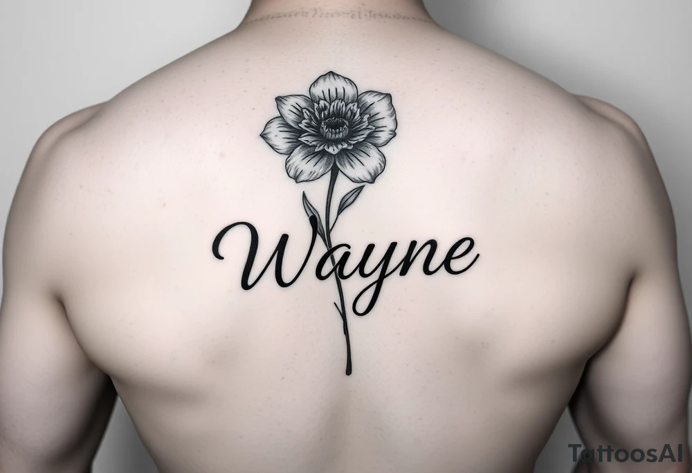 flower with a stem turning into the name wayne in cursive on rib cage tattoo idea