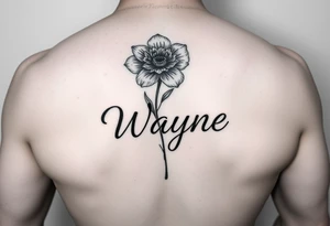flower with a stem turning into the name wayne in cursive on rib cage tattoo idea