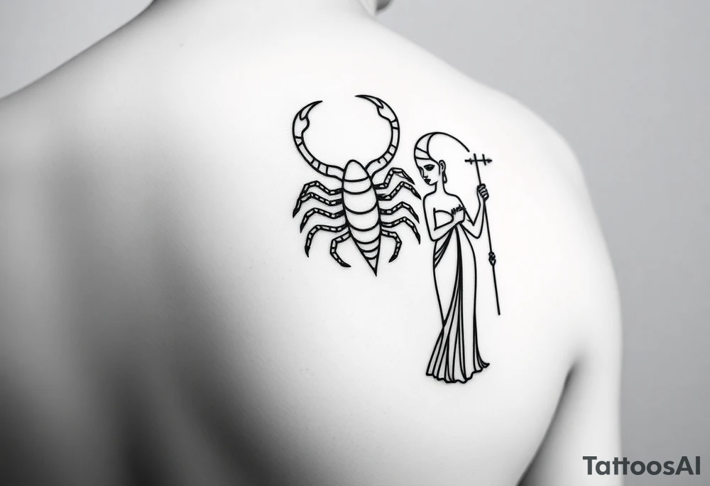Minimalist tattoo design, featuring three distinct figures: a powerful bull, a stylized scorpion, and a graceful maiden (Virgo), fine line art style, black ink, white background, clean contours, no shading, elegant composition, sophisticated masculine aesthetic, high contrast tattoo idea