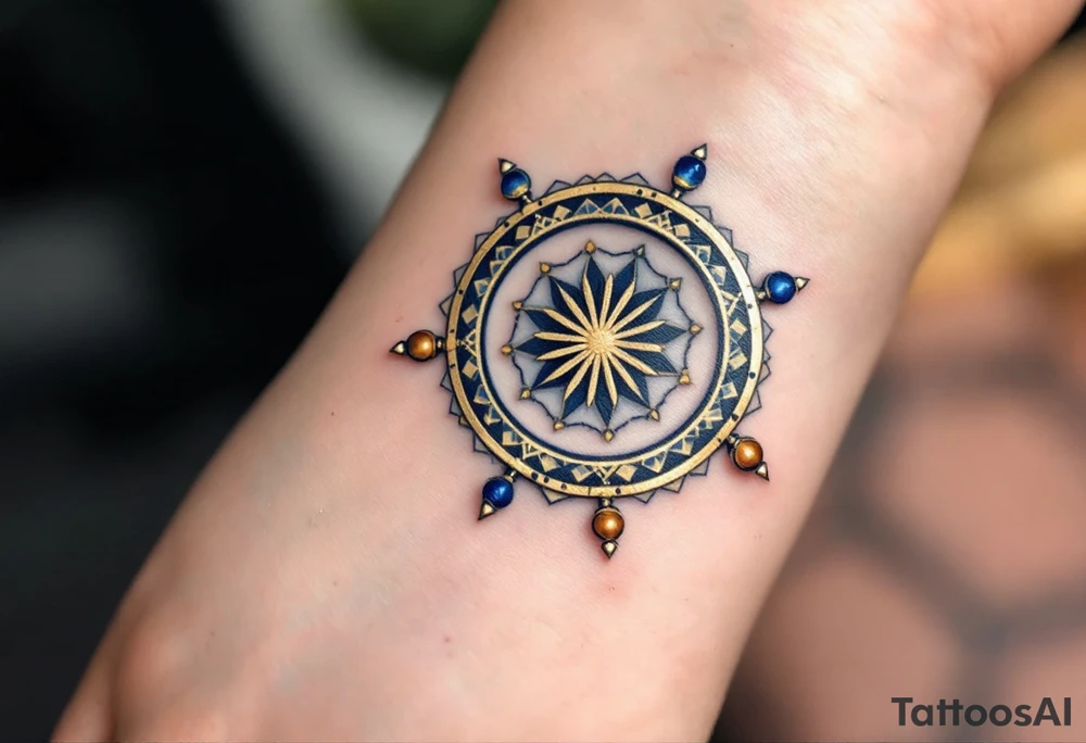 Golden Dharma Wheel with eight spokes in deep gold and royal blue, symbolizing the Noble Eightfold Path. tattoo idea