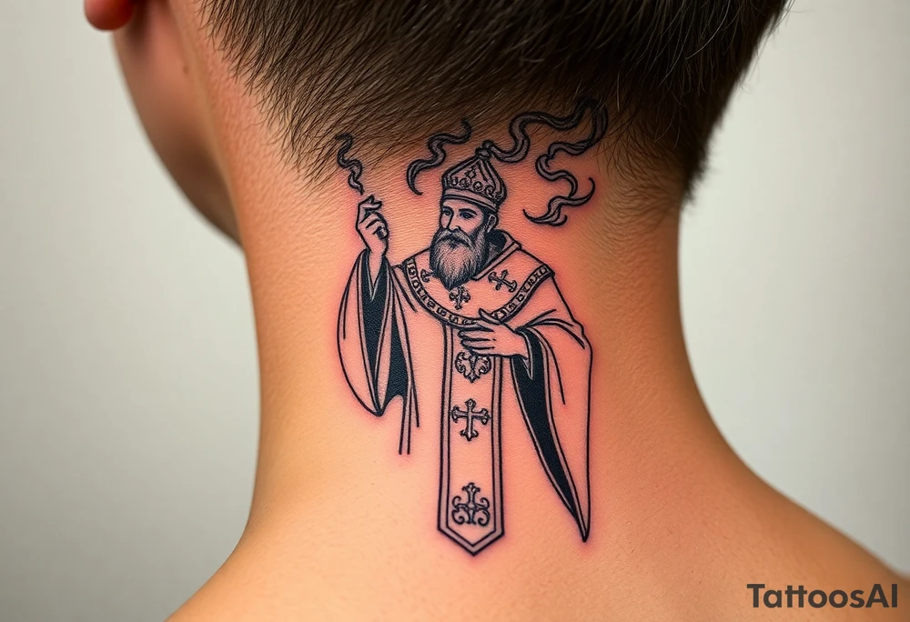 Russian Orthodox Priest in a fully detailed gold vestment swinging a censer with smoke curling upward tattoo idea