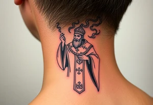Russian Orthodox Priest in a fully detailed gold vestment swinging a censer with smoke curling upward tattoo idea