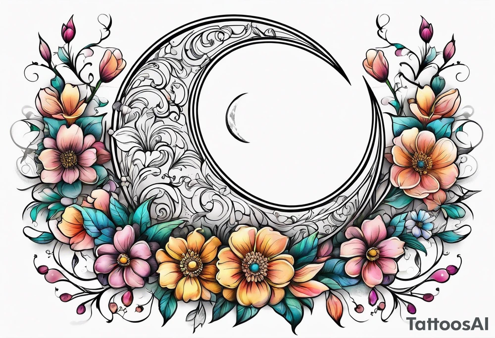 Crescent moon shrouded in pretty flowers tattoo idea