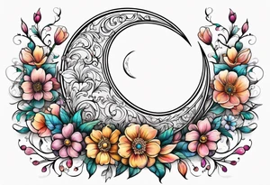 Crescent moon shrouded in pretty flowers tattoo idea