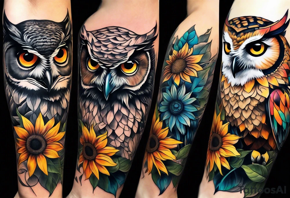 Arm sleeve with colorful sunflowers and an owl tattoo idea