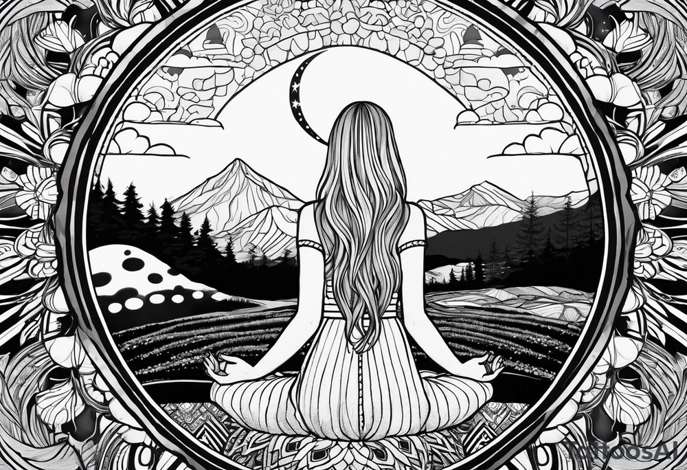 Straight blonde hair girl meditating facing away toward mountains surrounded by mushrooms crescent moon mandala circular design black and white striped dress tattoo idea