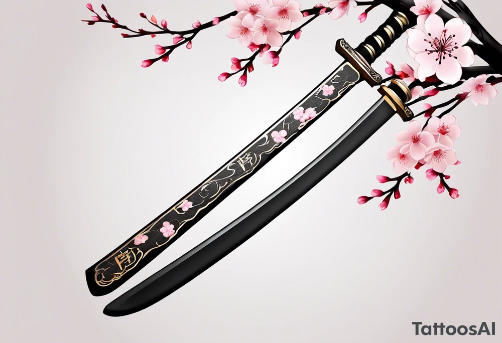 Katana vertical with cherry blossoms and shadow kanji tattoo idea