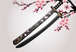 Katana vertical with cherry blossoms and shadow kanji tattoo idea