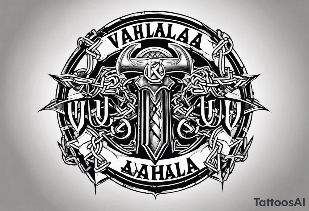 Valhalla round shield axe barbed wire chains tattoo idea