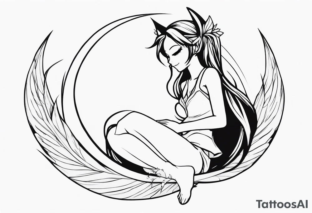 No color sketch of a fairy with a tail inspired by the guild symbol in the anime show called Fairy Tail in a fetal position leaning in and forward while crawled in hugging herself floating with hands a bit forward and her body is an angle tattoo idea