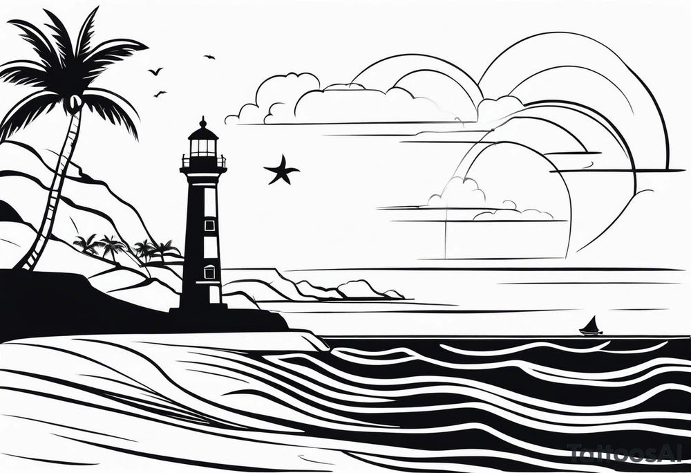 lighthouse with a beach and sun and small boat tattoo idea