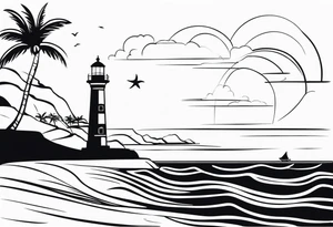 lighthouse  with a beach and sun and small boat tattoo idea