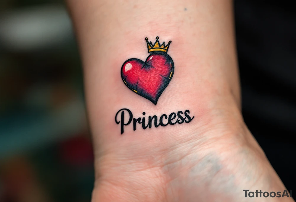 A matching red heart with a tiny crown above it and the word “Princess” in black, celebrating a daughter’s special role. tattoo idea