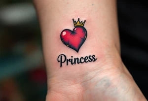 A matching red heart with a tiny crown above it and the word “Princess” in black, celebrating a daughter’s special role. tattoo idea